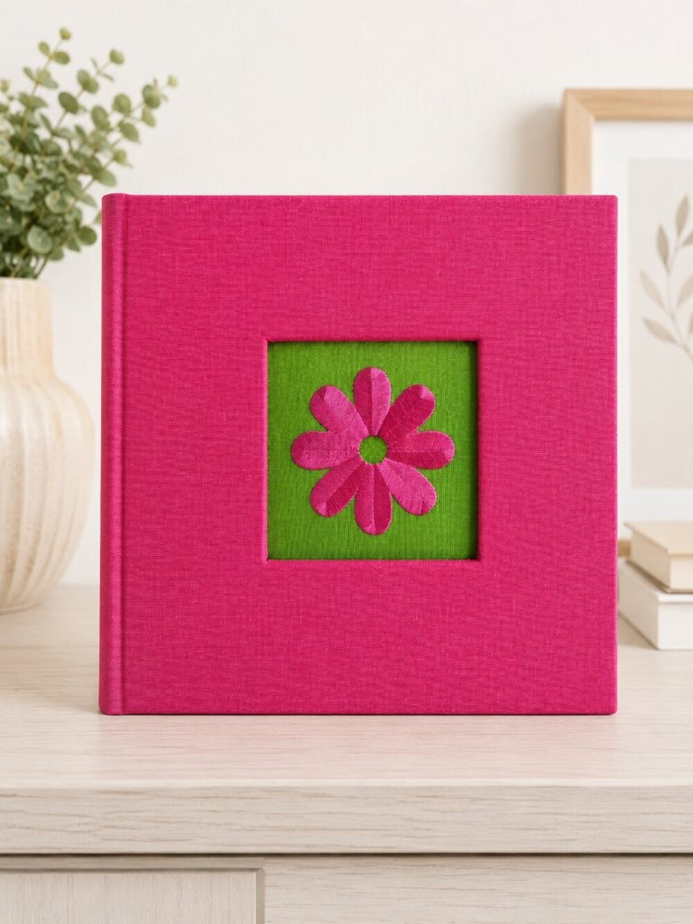 Pink Fabric Photo Album With Flower Window Embroidered Cover